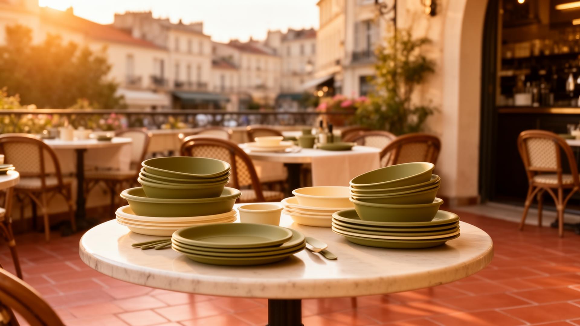 Table dressée avec vaisselle professionnelle sur une terrasse méditerranéenne ensoleillée